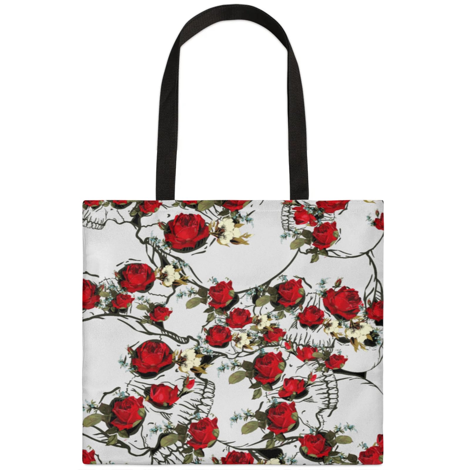 Mularoka Rose Skulls Square Canvas Tote Bag Top Handle Purses Stylish Women Canvas Shoulder Tote Bags Reusable Handbags for Work Travel Picnic Beach Shopping Gym Hiking