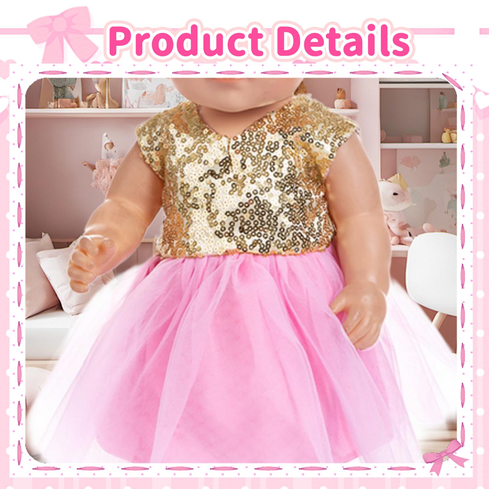 Doll Clothes for 14-18 inch Baby Dolls, 4 Pcs Pink Doll Clothes Set - Image 4