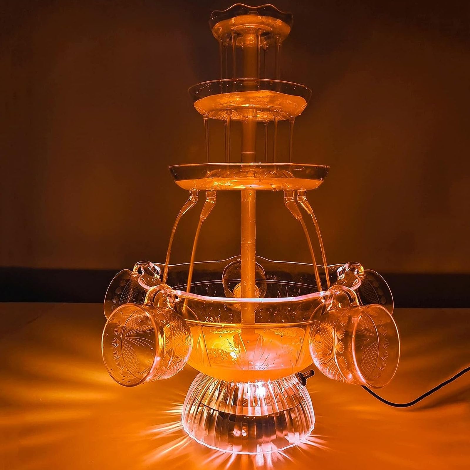 Fontaine De Fête à 3 Niveaux, Distributeur De Boissons à Vin Avec Base éclairée Par Lumière LED, Comprend 5 Tasses Réutilisables Pour Bar, Mariage, Fête De Noël