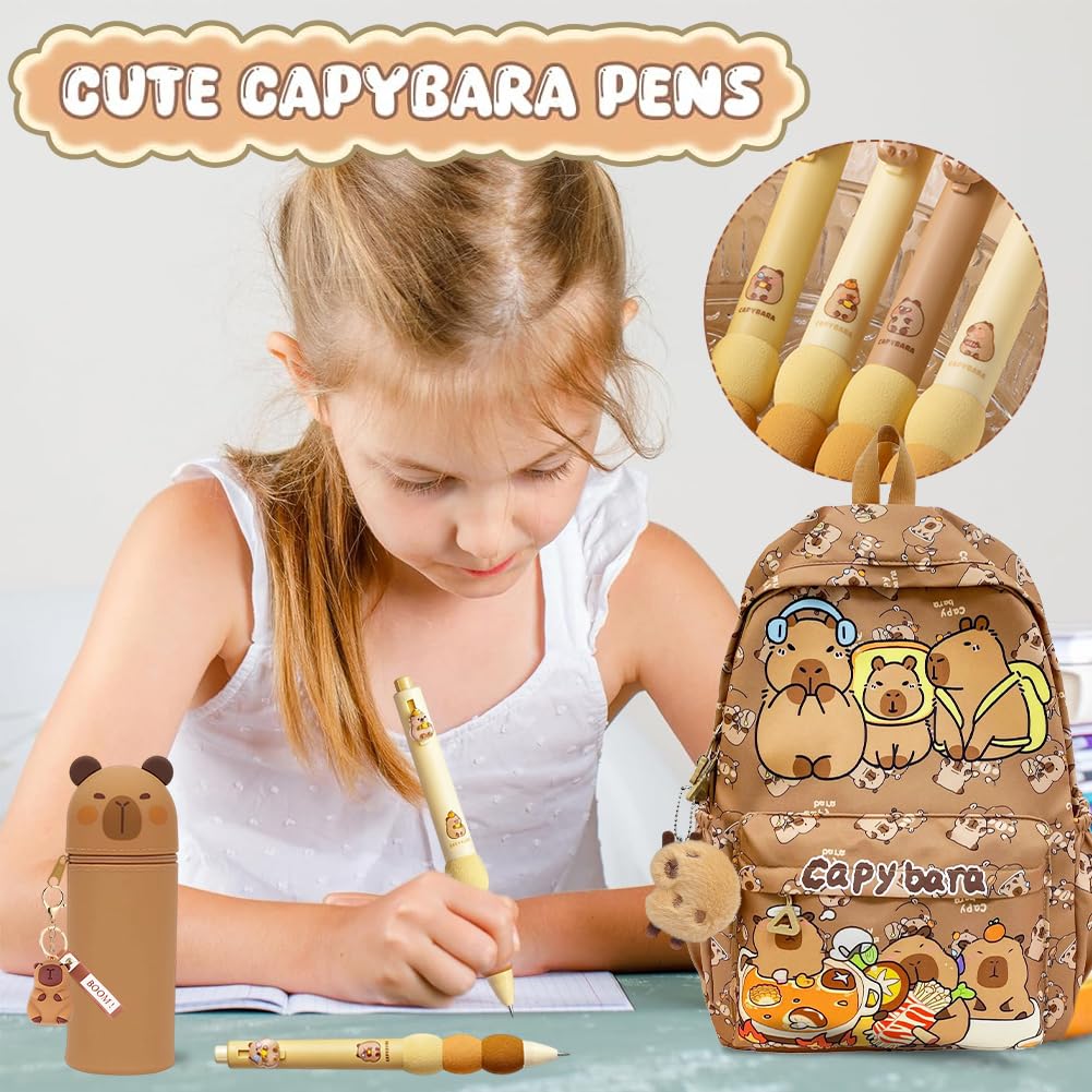 Capybara Backpack Kids, Mochila Capybara Escolar Schoolbag Gran Capacidad Capibara Boligrafos Borrable de Animales,Capibara Estuche De Silicona Suave & Llaveros Portalápices Regalo para Niños