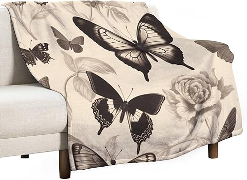 Manta vintage con estampado floral botánico de mariposas, rústicas, beige, cálidas, acogedoras, ligeras, de granja, jardín, manta con estampado