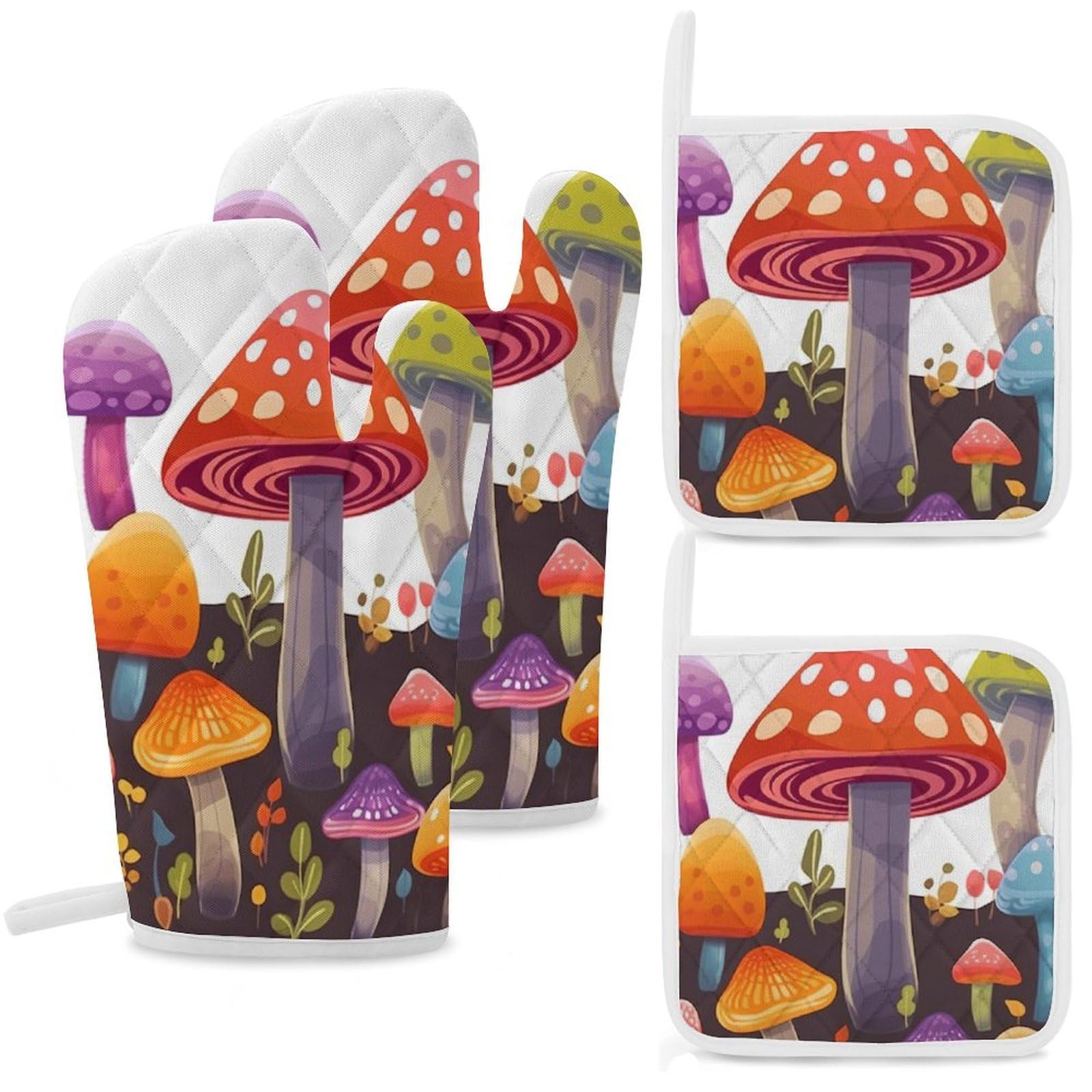 Oven Mitts and Pot Holders Set of 4 Heat Resistant Non-Slip Kitchen Gloves Hot Pads Colorful Mushroom Mittens Gloves Non-Slip Potholders for Cooking Baking Grilling BBQ