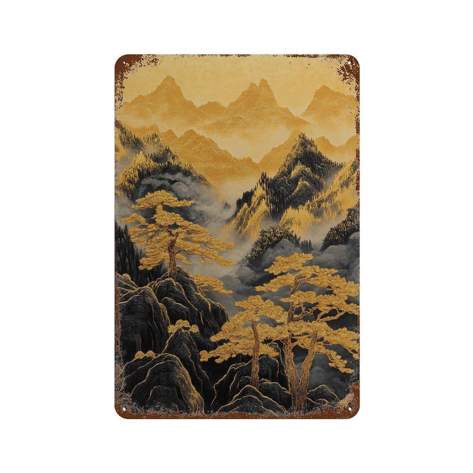 xiaoxiaoshen Japanese Gold Mountain Black Asian Landscape Pine Trees Nature Vertical Ink Styl Wall Decor Art Metal Tin Poster Modern Home Decor Art Home Bar Shop Decorations Vintage Sign 30x20cm