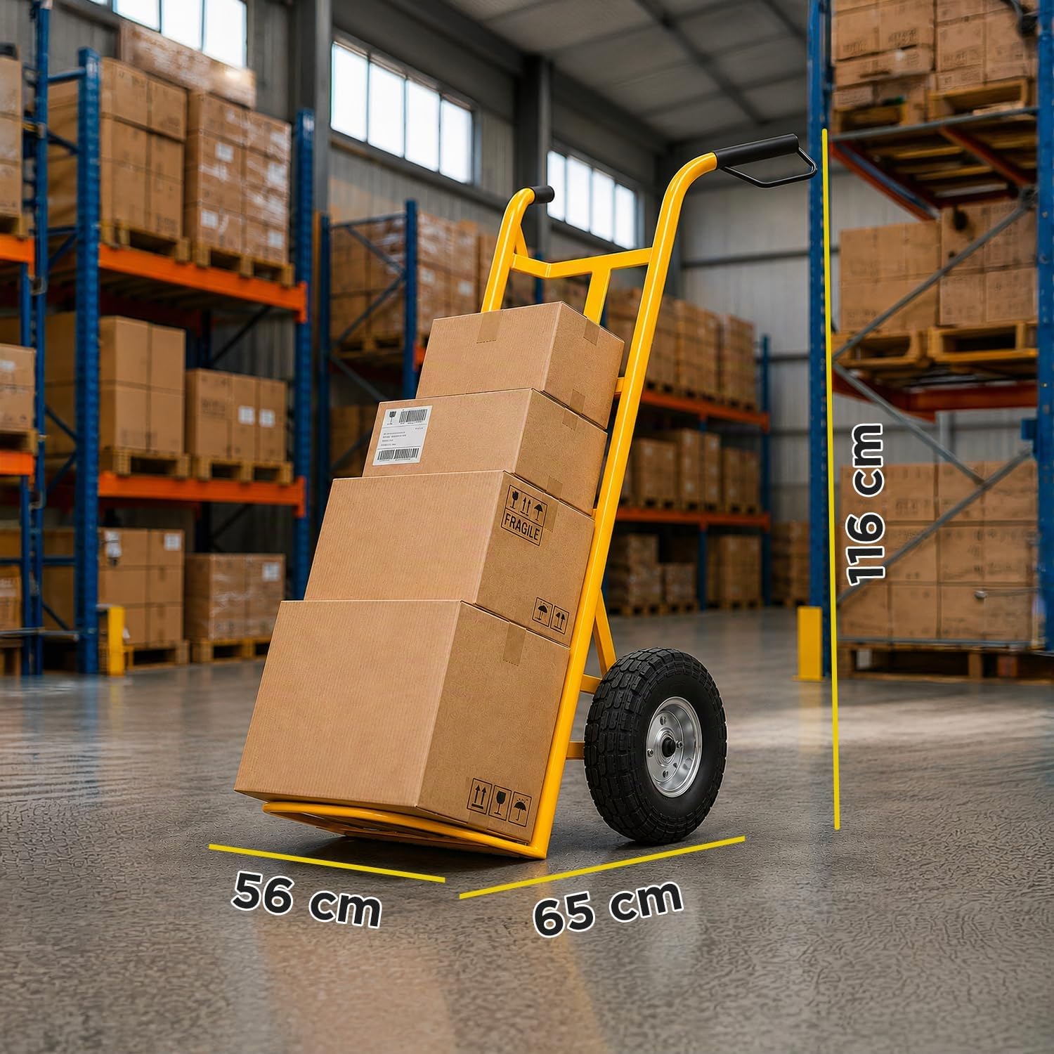 Carrello con Ruote Portatutto Professionale – 2 Ruote Pneumatiche Camera d'Aria, 250 kg, Metallo | Carrello Portapacchi con Manico Ergonomico per Scale, Fango, Cantiere e Traslochi (Giallo)