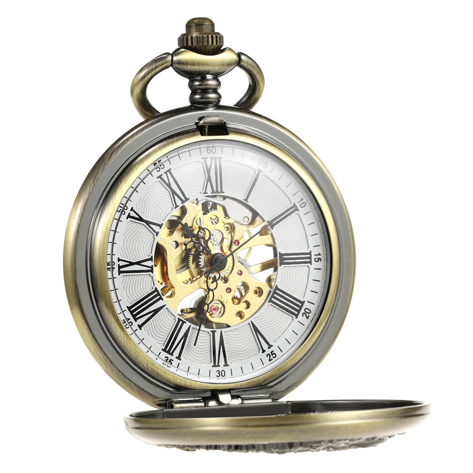TREEWETO Mechanische Bronze-Taschenuhr für Herren, Glücks-Pfau, Skelett-Taschenuhr, antikes römisches Zifferblatt, mit Kettenbox, bronze