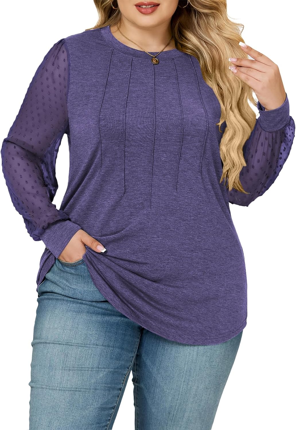 VISLILY Womens-Plus-Size-Tops Dressy Swiss Dotted Puffy Sheer Long Sleeve Blouses Casual Crewneck T Shirts Loose Tunics 1X-5X - Image 2