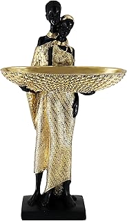 African Couple Resin Tray Sculpture – Black and Gold Decorative Bowl Statue for Entryway, Vanity, Coffee Table, Key Candy Jewelry Holder, Ethnic Art Home Decor Gift