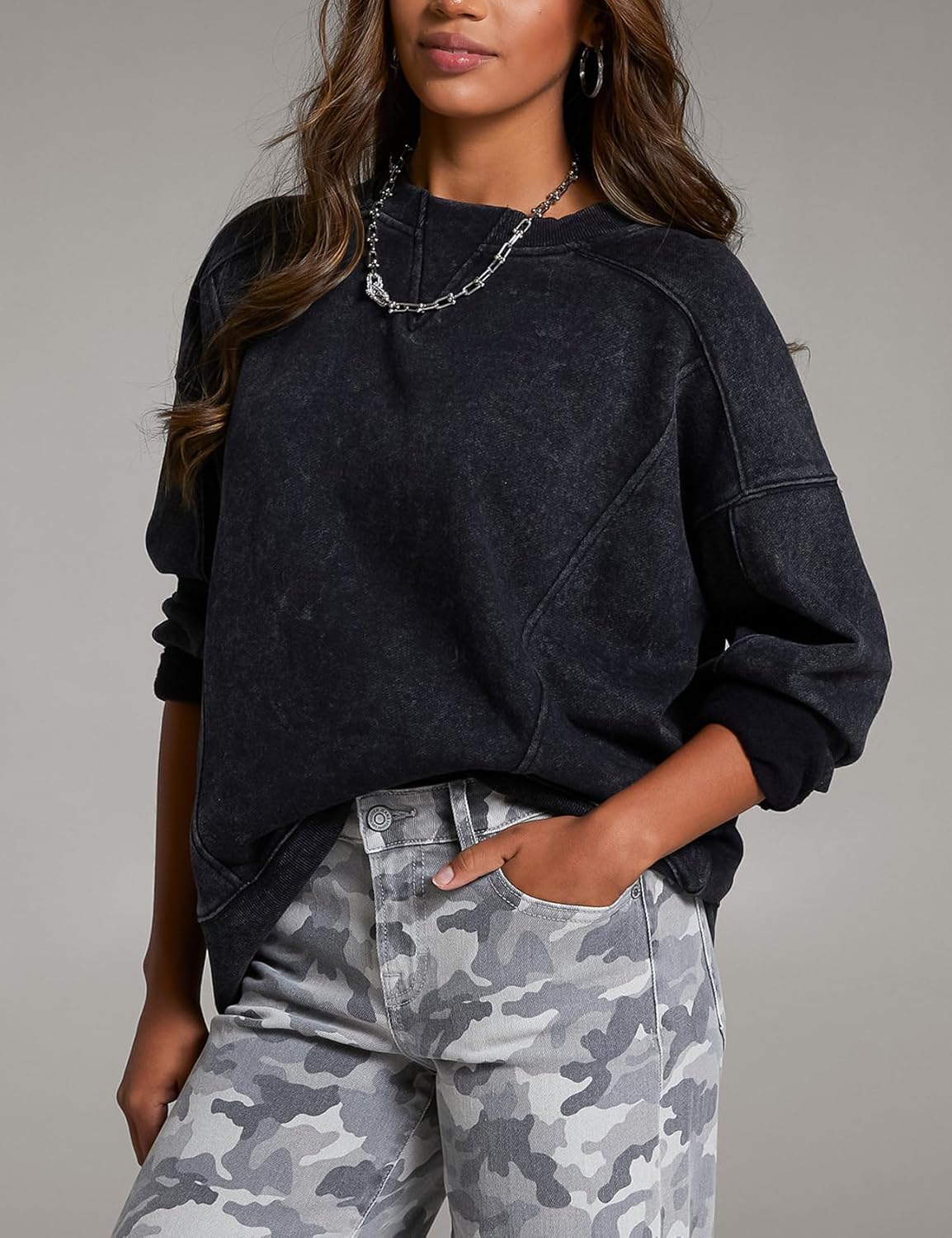 Wyeysyt Oversized Sweatshirt for Women Acid Wash Pullover Vintage Cotton Crew Neck Long Sleeve Sweatshirt - Image 2