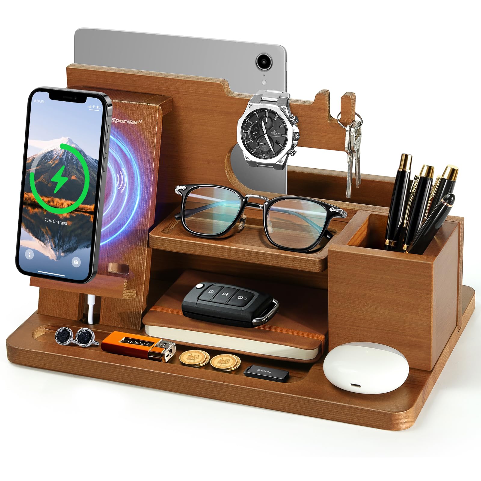 Spardar Birthday Gifts for Men, Nightstand Organizer with Wireless Charger, Storage of Purses, Keys, Mobile Phones, Ideas Gift for Husband, Him, Boyfriend, Father, Coffee Brown