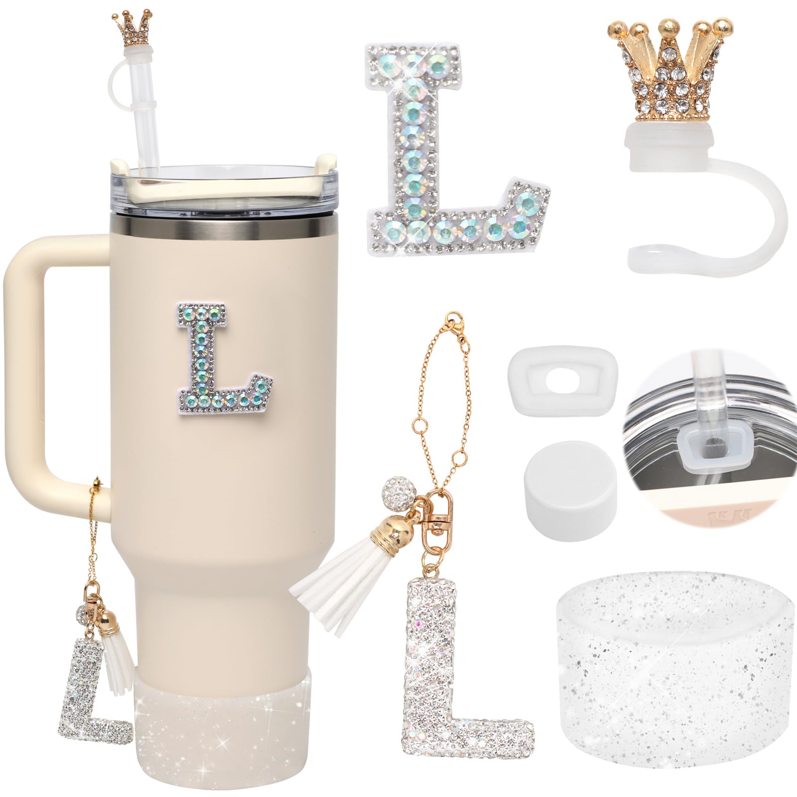 6Pcs Stanley Cup Accessories Set - Giltter Letter Charm for Cup Handle, Silicone Straw Cover with Crown, Diamond Letter Sticker, Sparkly Silicone Boot