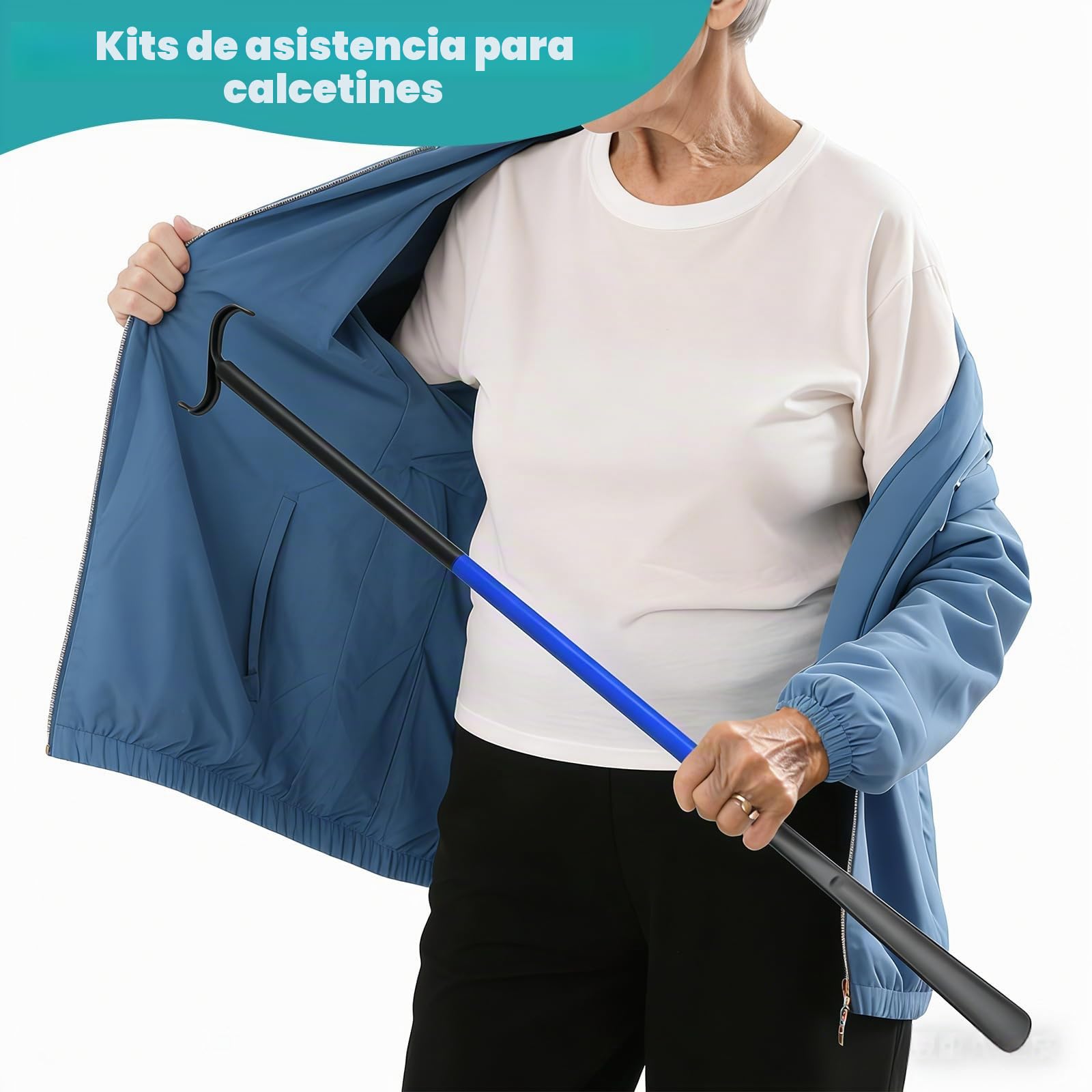 Anziehhilfe para calcetines, asistente de calcetines para fácil colocación sin agacharse, dispositivo con calzador ajustable y mango largo, rascador de espalda para ancianos, personas con