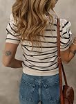 Dokotoo Women's Puff Short Sleeve Knit Tops 2026 Trendy Crewneck Striped T Shirts Casual Summer Blouses