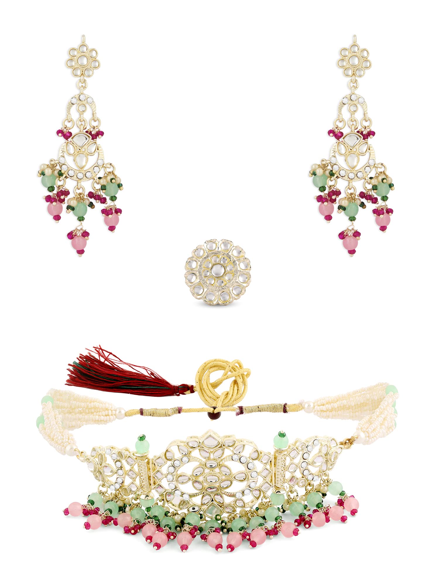 ZAVERI PEARLS Pink Green Beads Drop Kundan Multistrand Choker Necklace Earring & Ring Set For Women-ZPFK15847 (B0BW5RV6RL) Amazon Price History, Amazon Price Tracker