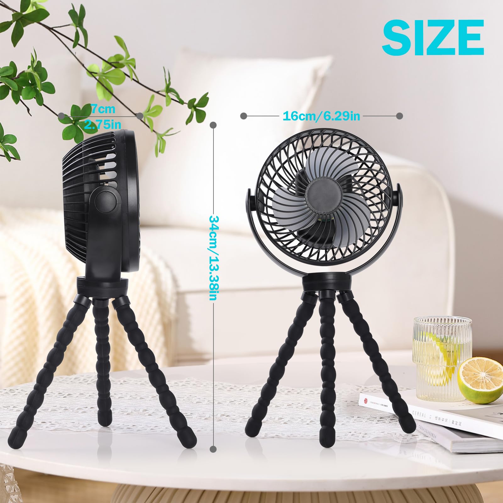Simpeak 8,000 mAh USB Fan with Remote Control, Mini Portable Camping Fan, Table Fan, Clamp with 3 Speeds, 3 LED Light Modes, 720° Rotation