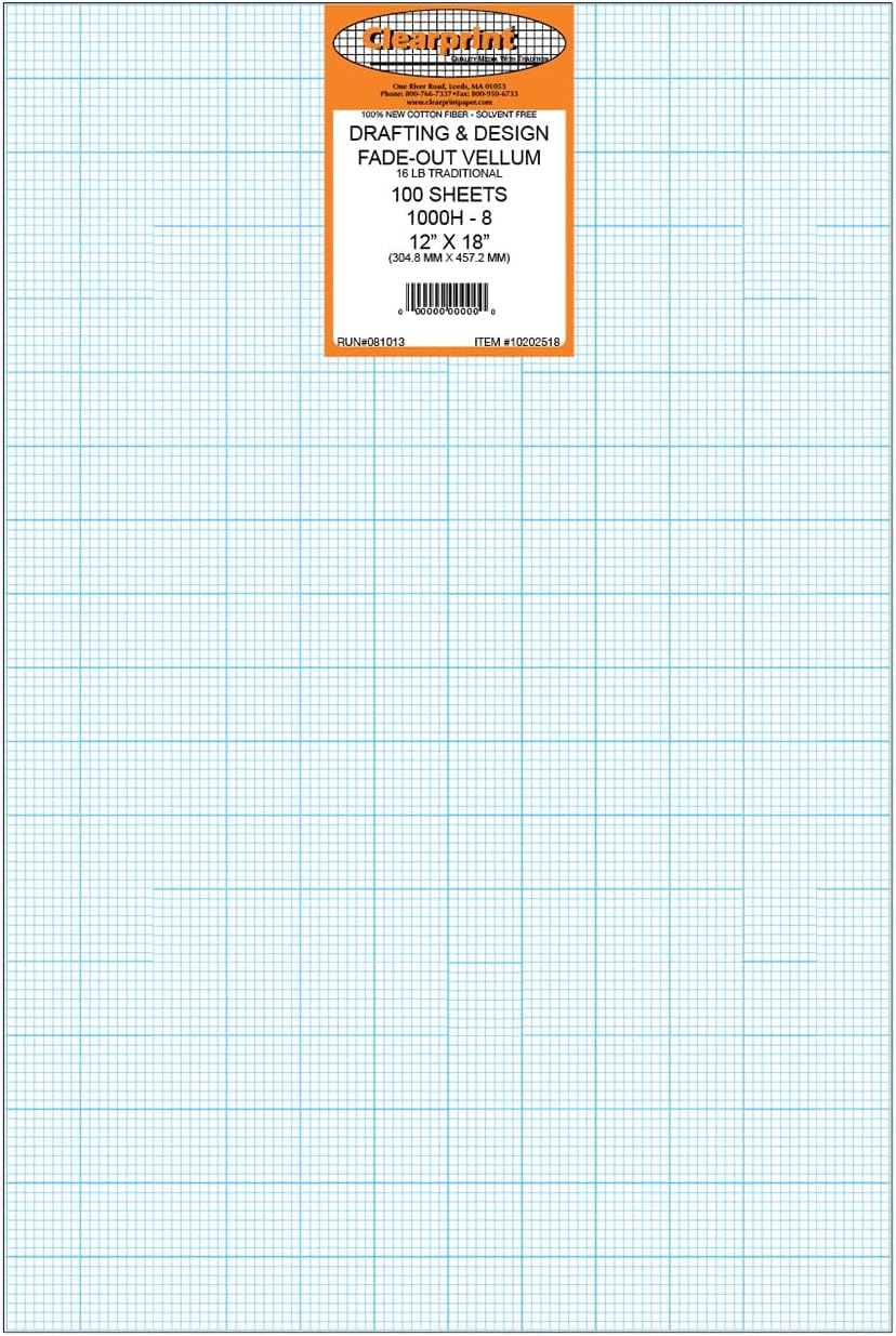 Clearprint 1000H Vellum Sheets with 8x8 Fade-Out Grid, 12" x 18", 16 lb., 100% Cotton, Translucent White, 100 Sheets Per Pack, 1 Pack