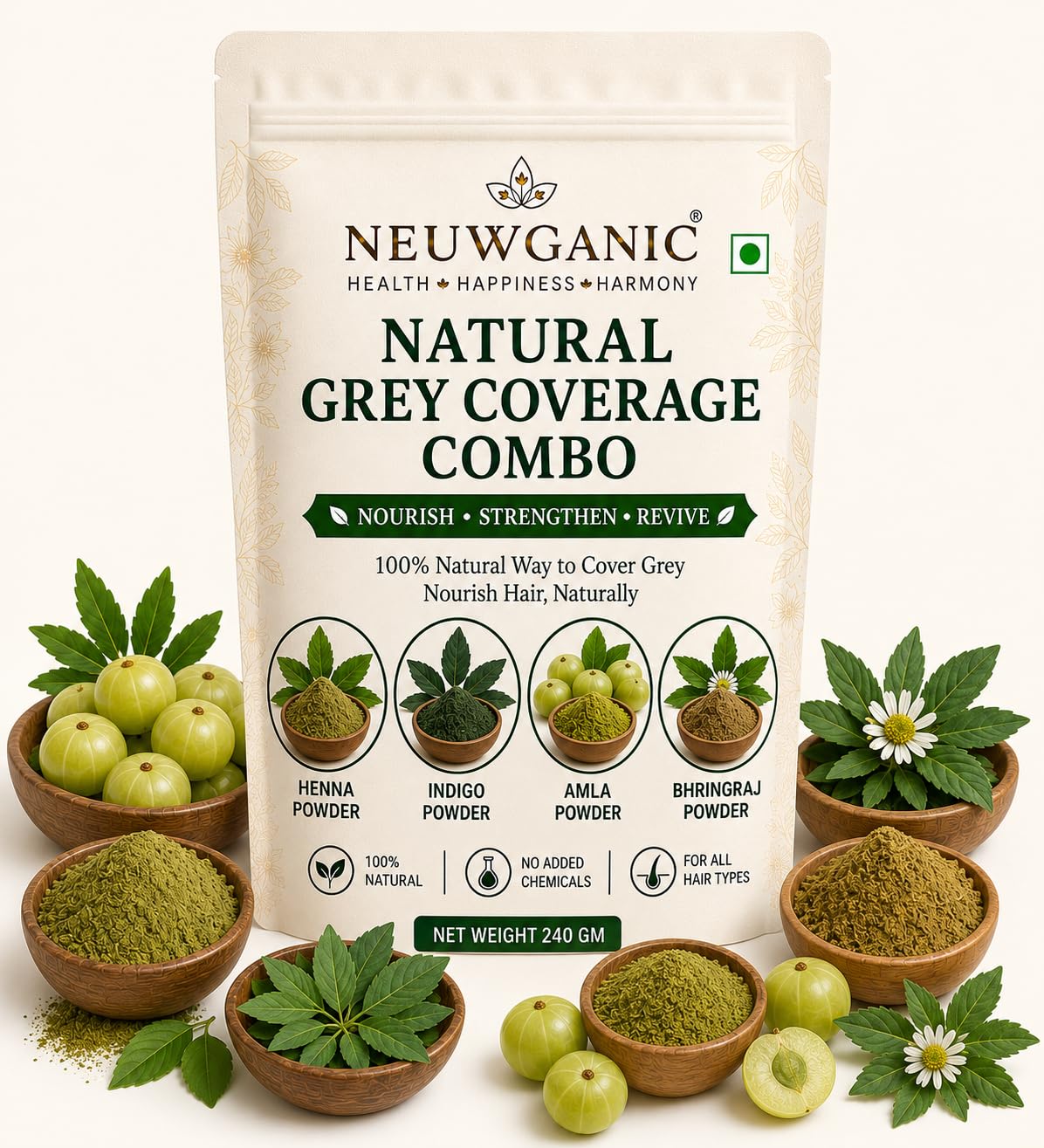 Natural Grey Coverage Combo | Henna, Indigo, Amla & Bhringraj Powder Blend | Herbal Hair Color & Grey Coverage Kit | Natural Hair Care for Men & Women-image-36