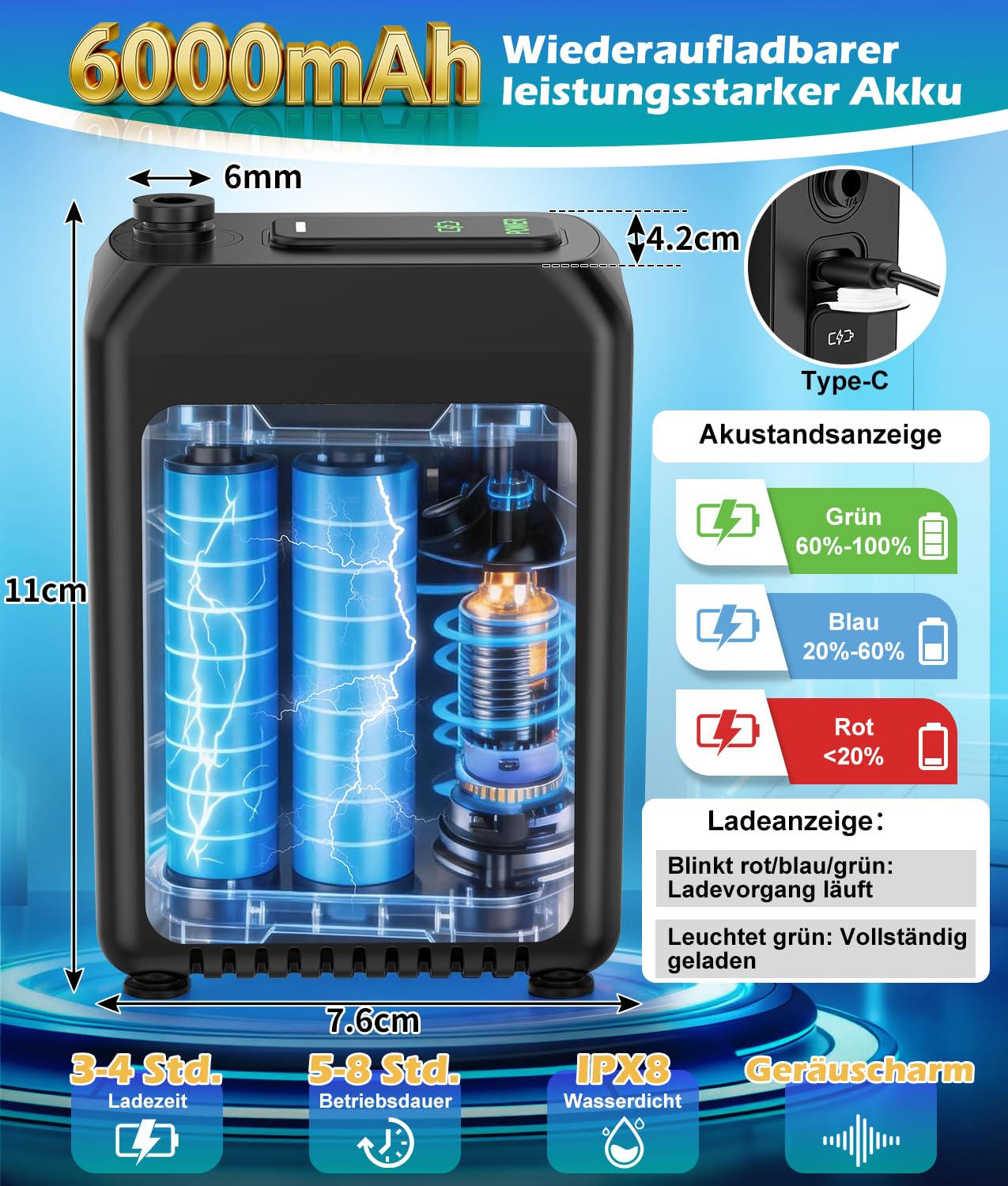 WADEO Sprühnebel Kühlung Nebelkühlsystem mit 6000-mAh-Pumpe, 22-Liter-Wassereimer, 8 m Schlauch, 8 Messingdüsen, 8 Klammern und 10 Krawatten für Terrasse, Garten, Rasen