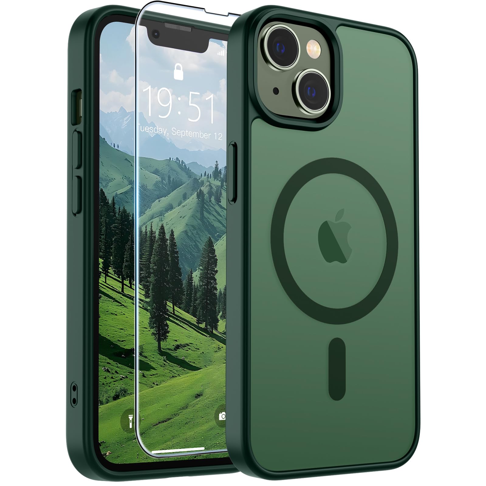 SUPFINE Magnetic for iPhone 13 Case/iPhone 14 Case Forest Green | With Screen Protector, Translucent Matte, Compatible with MagSafe, Military Grade Drop Proof, Rugged Shockproof Protective