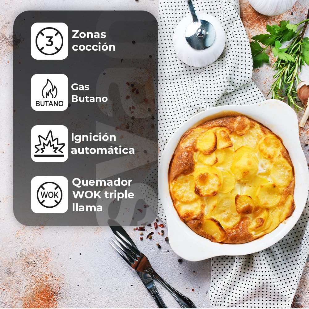 Svan Encimera de Gas Inox SGW3600X. Potencia máx. 6750 kW, 3 Quemadores, Quemador Wok Triple Llama, con Ignición Automática, Parrillas Forjadas, Incluye Kit de Conversión Gas Natural