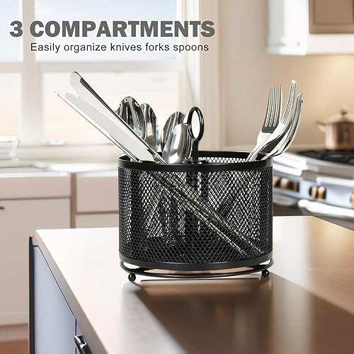 Miniatura 2 de Soporte de metal para utensilios de cocina, organizador giratorio de 3 compartimentos, organizador de cubiertos, cuchara, tenedor, almacenamiento