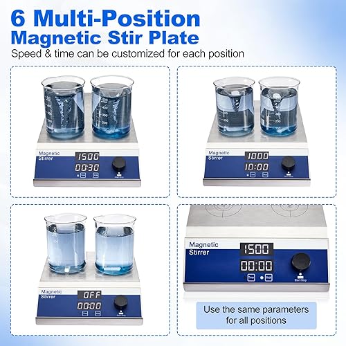 Miniatura 3 de Agitador magnético de 200-1500 RPM, 6 placas de agitación digital multiposición, 6 capacidad de agitación de 16.9 fl oz, función continua y