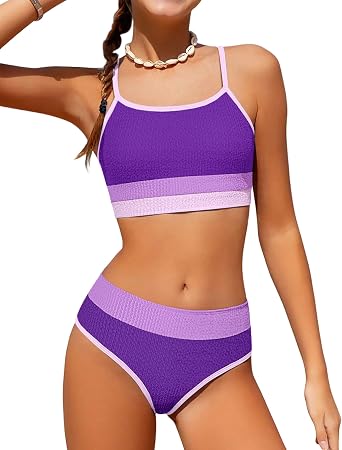 Girls Bathing Suit Color-Block Adjustable Straps Bikini Sets Girls Two Piece Swimsuits with Chest Pad Swimwear 7-18T
