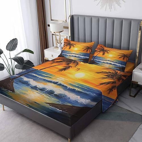 Juego de sábanas tropicales tamaño King para cama ajustable, sábanas y fundas de almohada con patrón de palmera marina y puesta de sol, bolsillo