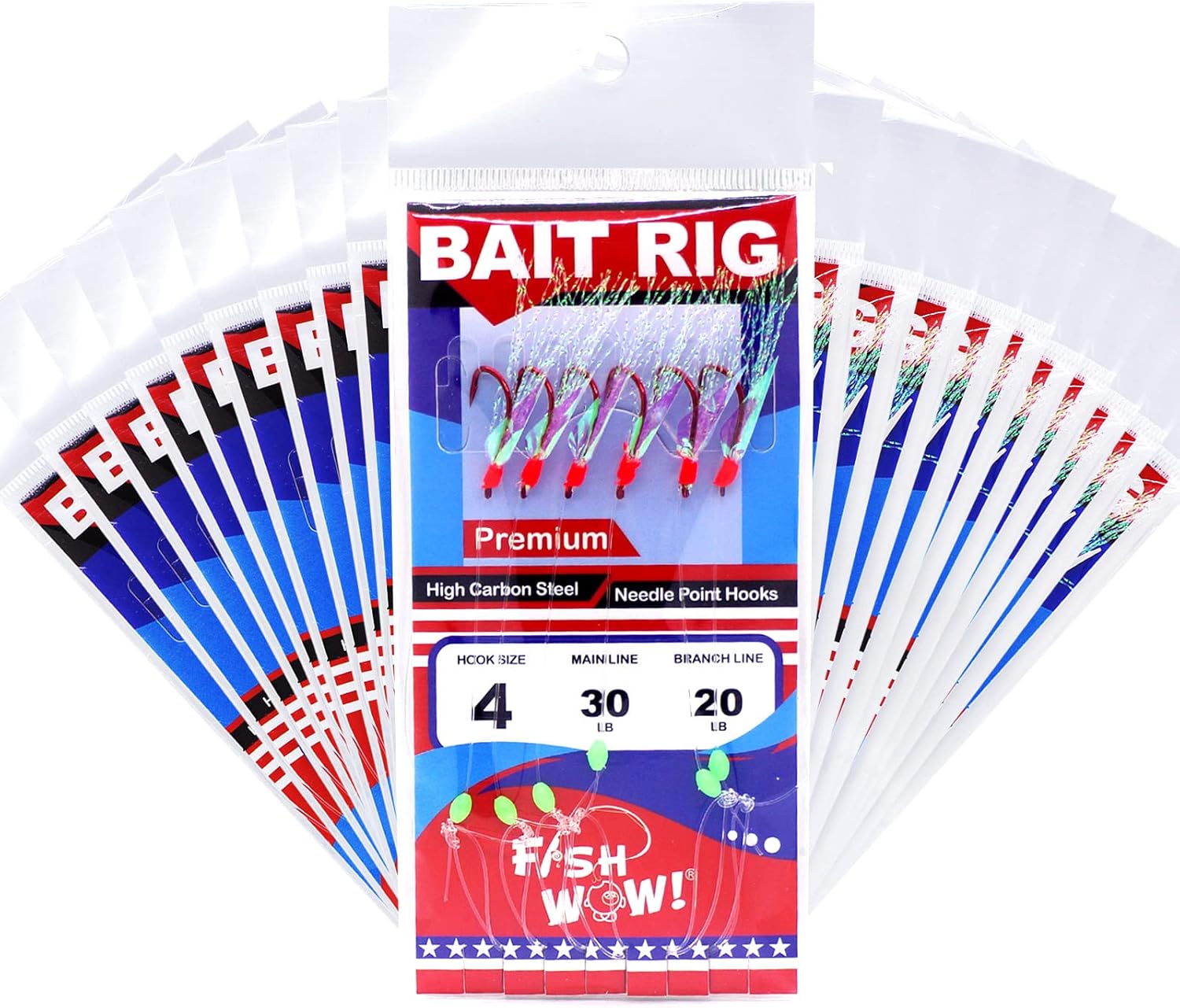 20 Packs Size 4 Fishing Red Hook Bait Rigs with Mylar Fish-Skin, Luminous Beads and Ball Barrel Bearing Swivel Premium Piscatore Bait