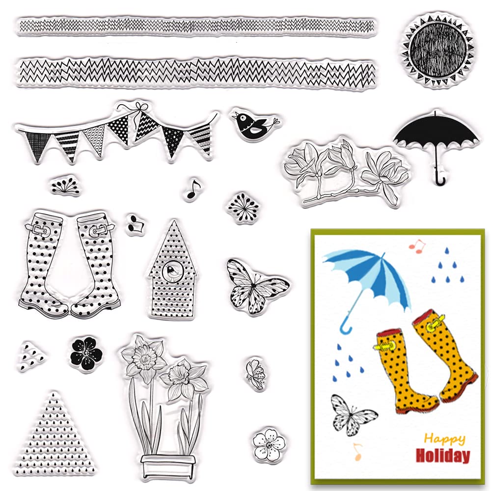 Hying Flowers Butterfly Birds Clear Stamps for Card Making, Sun Rain Umbrella Rubber Stamps Writting Lace Transparent Stamp Seal for Crafting DIY Scrapbooking Photo Album Decorations
