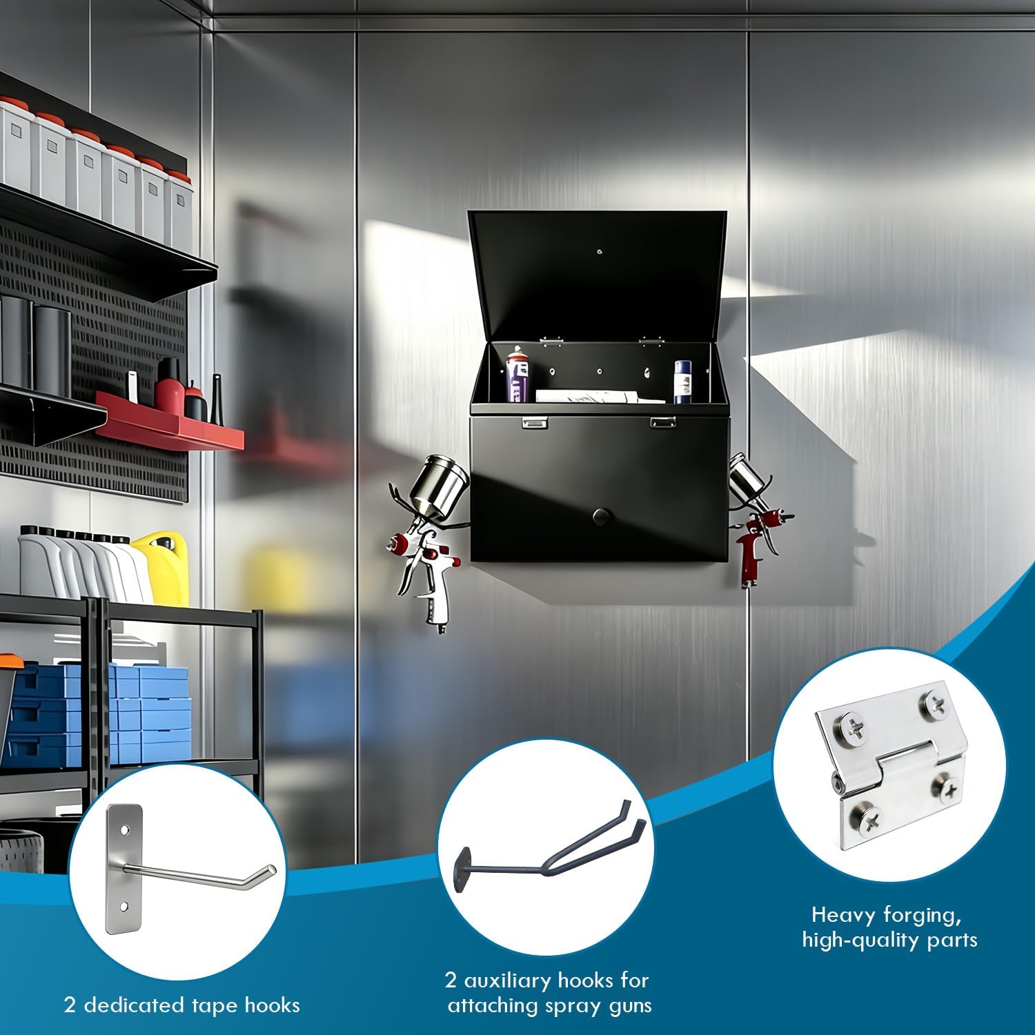 Wall-Mounted/Magnetic Spray Booth Box, Spray Paint Storage Box/Cabinet for The Interior of Spray Booths, Double Compartment Cabinet with Two Spray Gun Hangers, Black
