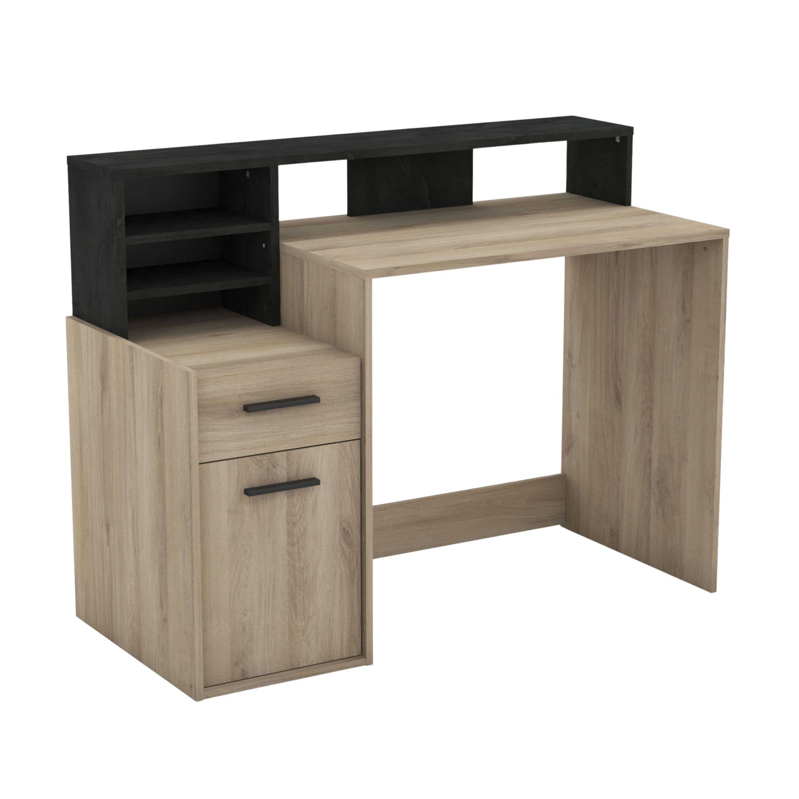 Demeyere - Escritorio pequeño con Almacenamiento de Madera de Roble con 1 Puerta y 1 cajón - Óptimo para Estudiantes - Estilo Industrial - Color Kronberg y Negro Pizarra - Melamina - 127 x 94 x 60 cm