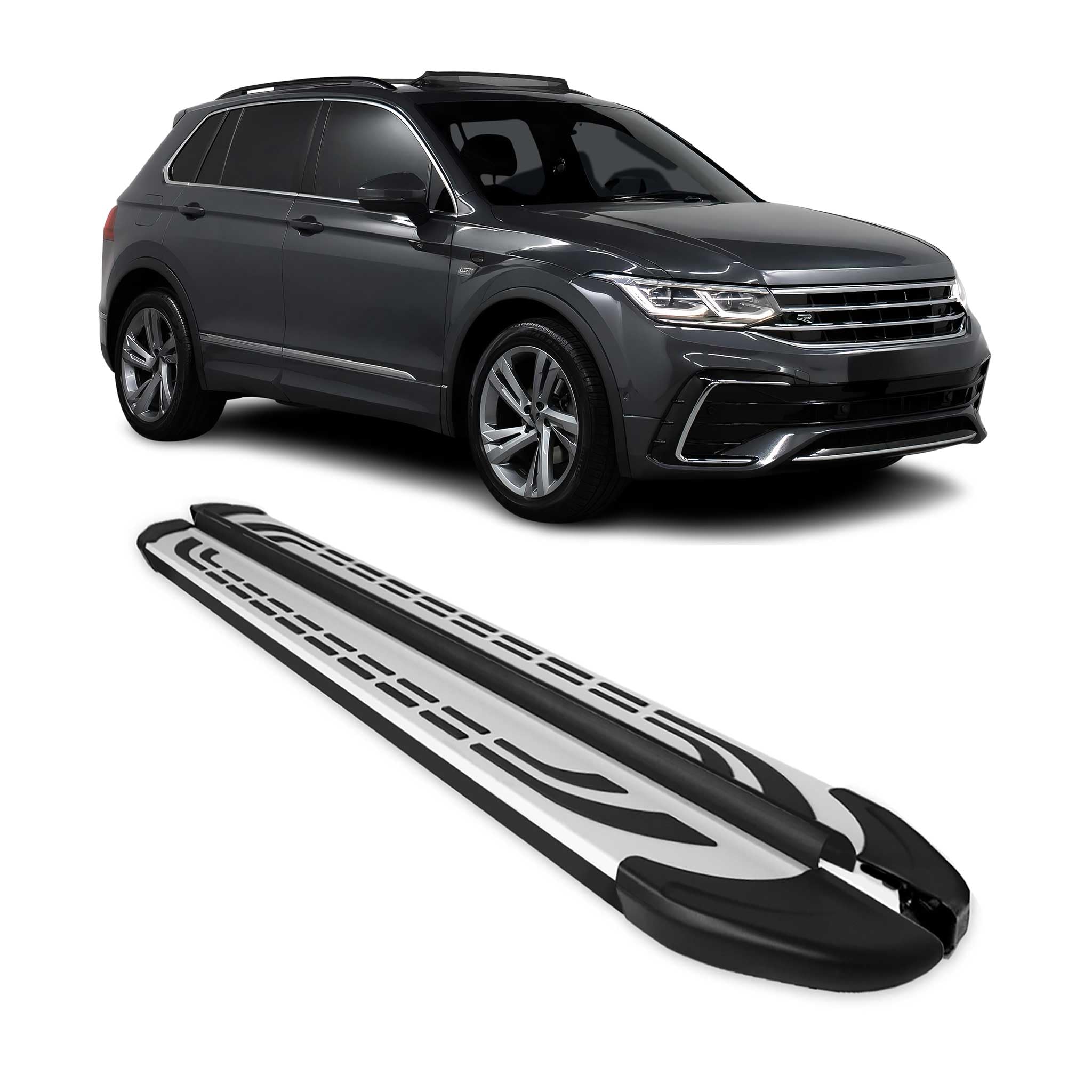 OMAC Trittbretter Seitenschweller Seitenbretter kompatibel mit VW Tiguan II 2016-2023 Schwarz-Silber Alu