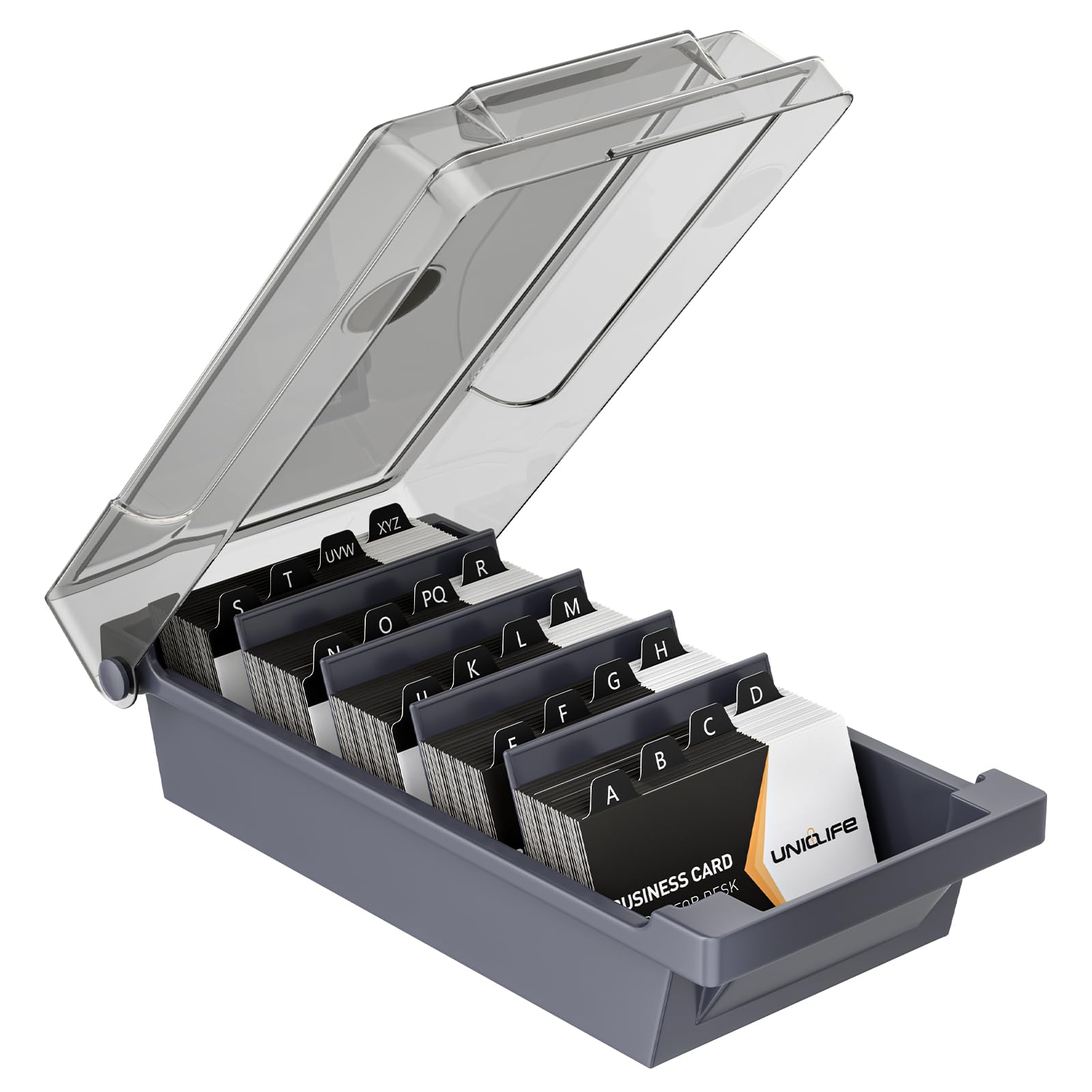 Uniclife Business Card Holder for Desk, Large Plastic Business Card Organizer Business Card Box with Lid, Dividers & A-Z Index Tabs, Desktop Index Card Holder, Name Card Storage Box, 500 Card Capacity — image 1