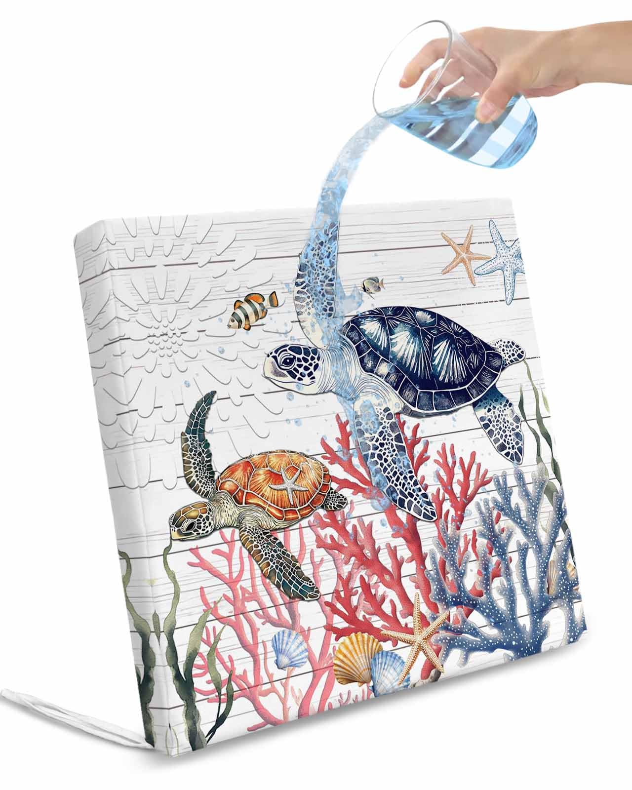 Blue Sea Turtle Coastal Outdoor Cushion Chair Cover Set of 2 - Waterproof Couch Seat Covers, Summer Beach Coral Shell Wooden Patio Furniture Protector Cushions Slipcovers for Sofa/RV, 22