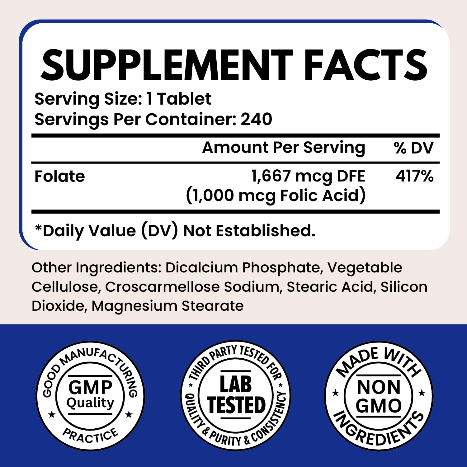 Folic Acid 1000 mcg (1667 mcg DFE) - Vitamin B9 Supplement, 240 Tablets — Amazon image 2