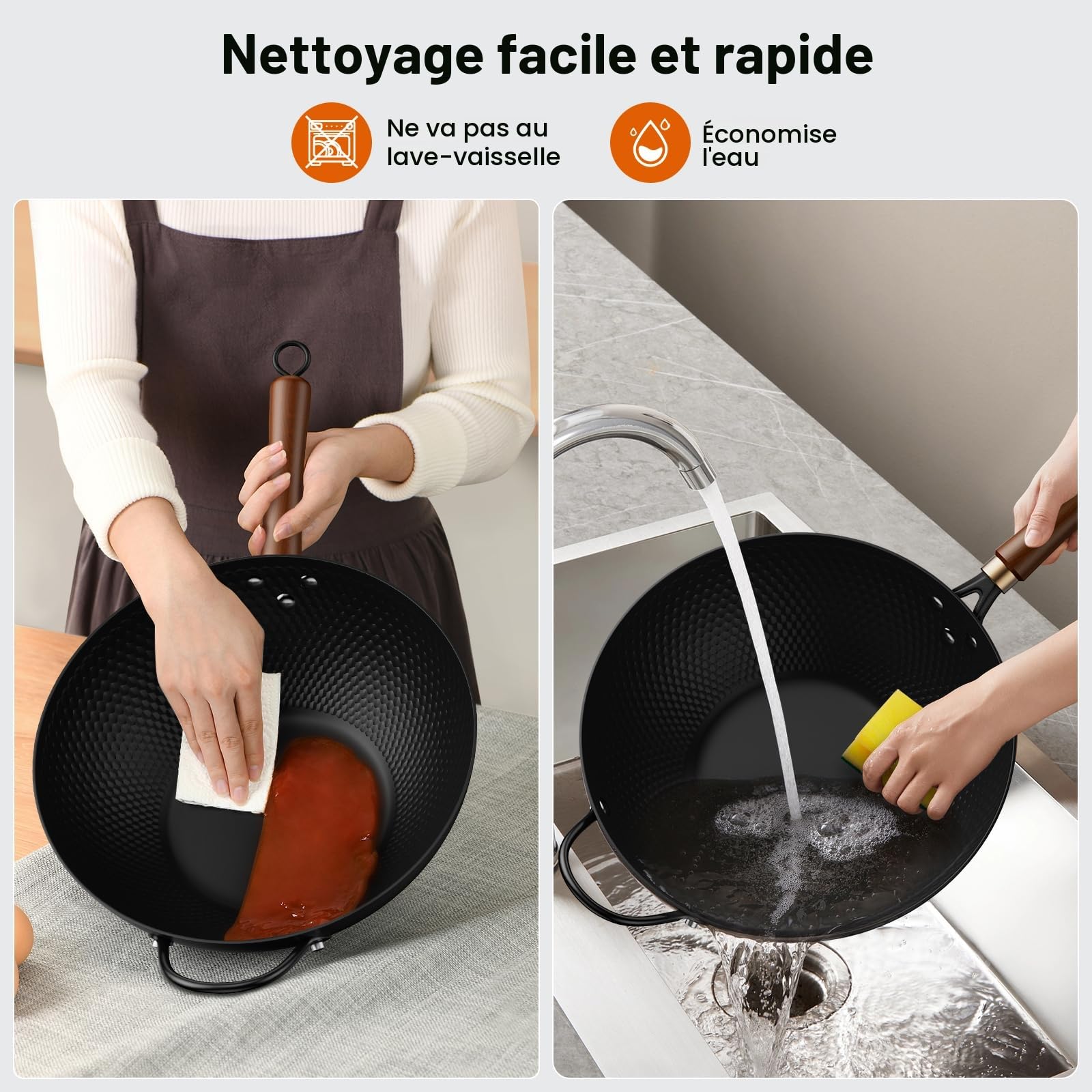 Jobin Wok Antiadhésif 33 cm, Pré-assaisonné wok Induction avec Poignée Auxiliaire en Bois et Acier, Sans Revêtement Chimique, Wok Pour Induction, Plaques Électriques, Gaz