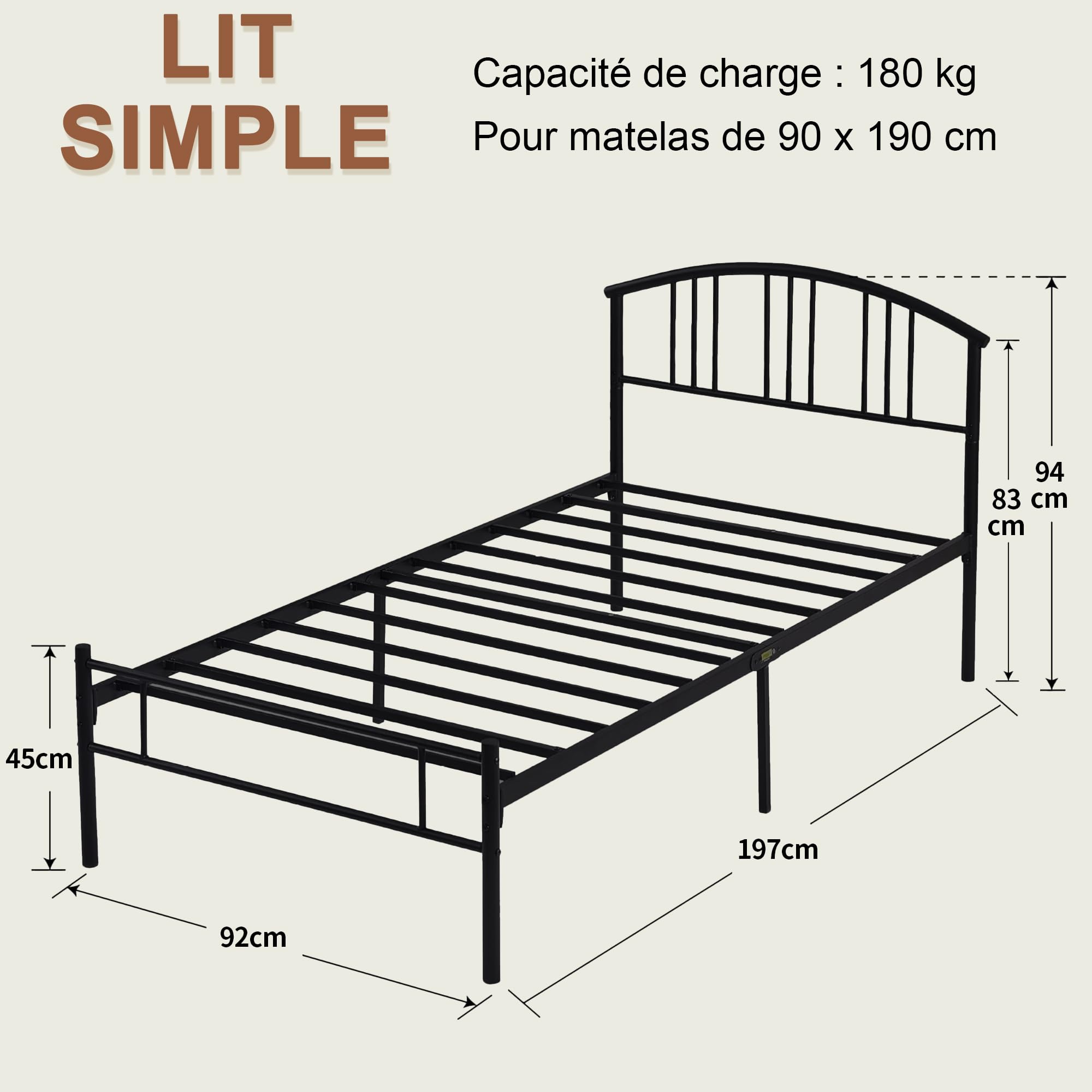 VECELO Cadre de Lit en Métal 90x190 cm avec Tête de Lit Décorative Incurvée, Sommier à Lattes Renforcées, Espace de Rangement de 32 cm, Assemblage Facile, Noir