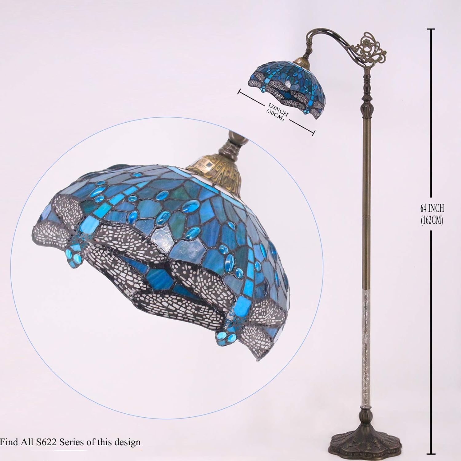 WERFACTORY Tiffany Floor Lamp Sea Blue Stained Glass Dragonfly Arched Lamp 12X18X64 Inches Gooseneck Adjustable Corner Standing Reading Light Decor Bedroom Living Room S622 Series