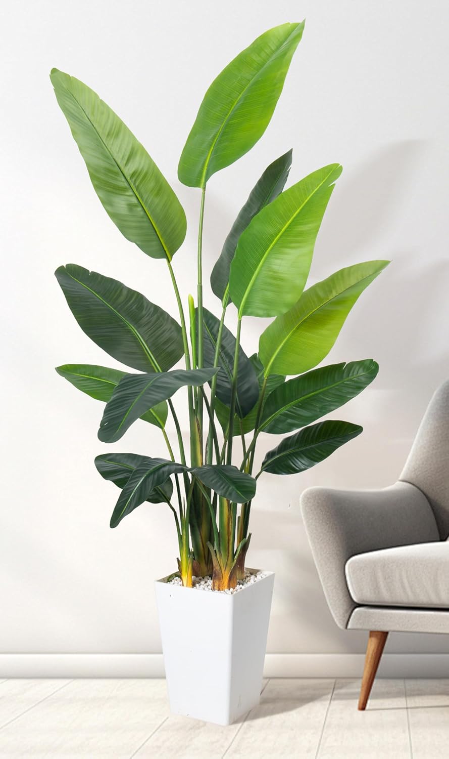 Bird of Paradise Artificial Plant 6.8FT, Faux Tropical Palm Tree with White Tall Planter, Large Fake Plants in Pot - Artificial Tree for Home Office Living Room Decor Indoor 6in Bird of Paradise