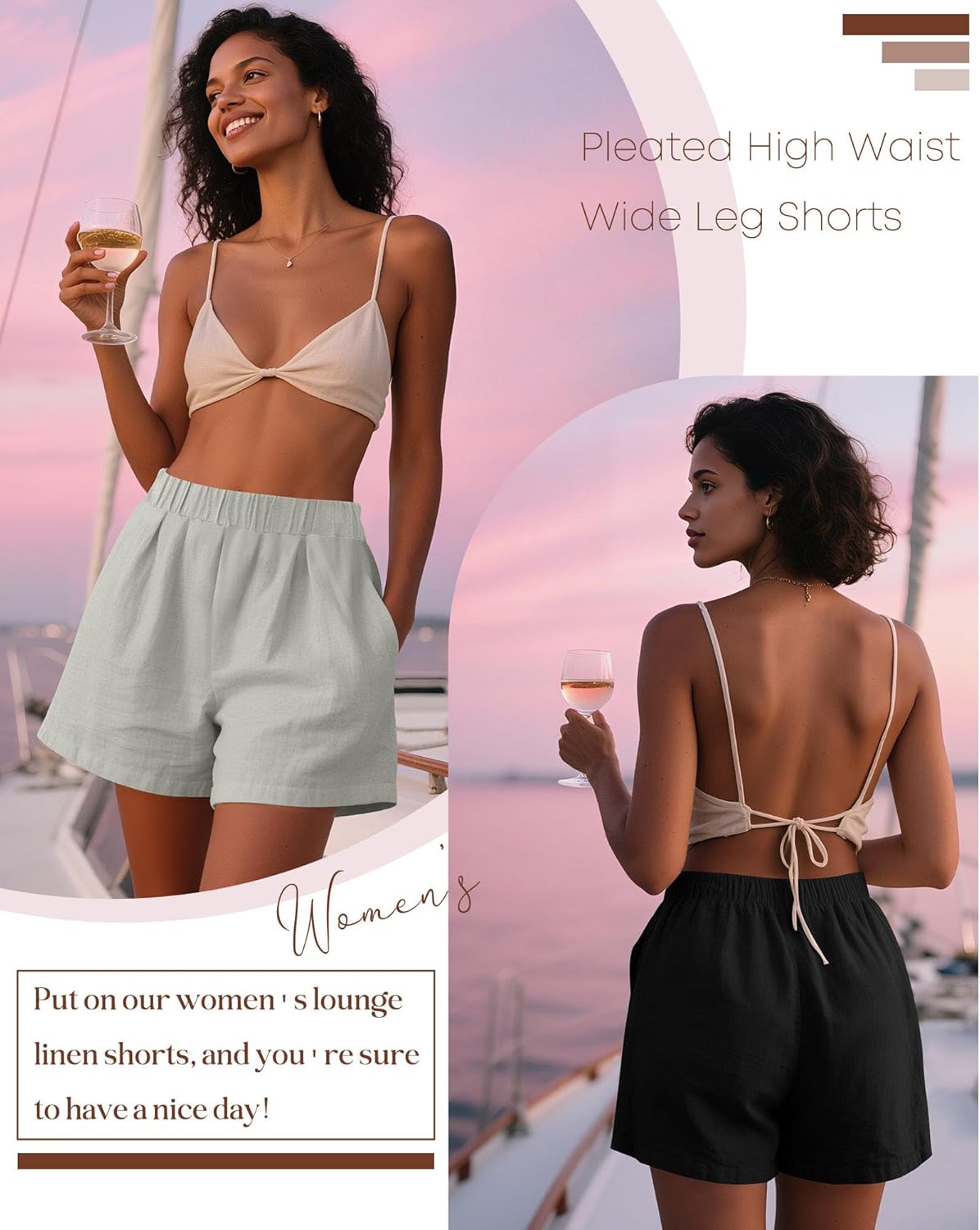 Ficerd 3 Pack Women's Casual Linen Shorts,Pleated High Waist Wide Leg Summer Elastic Comfy Trendy Shorts with Pockets(Black, Gray Apricot, Dirty Orange,Small) - Image 5