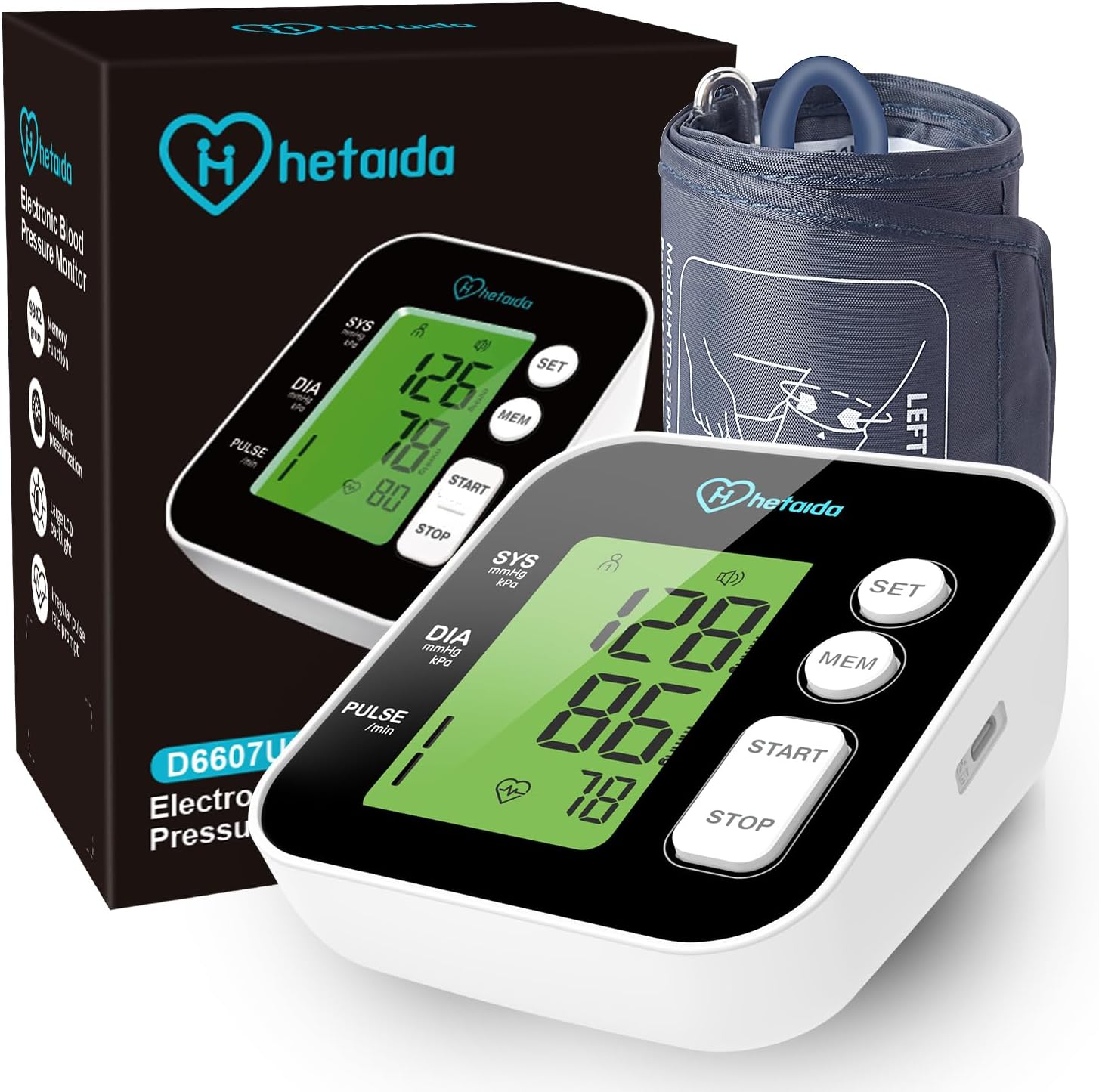 Hetaida Blood Pressure Monitor for Upper Arm, Digital BP Machine with Large Backlit LCD, Voice Prompt, USB & Battery Powered, 2-User Memory, FDA Cleared, FSA Eligible Hetaida Blood Pressure Monitor for Upper Arm, Digital BP Machine with Large Backlit LCD, Voice Prompt, USB & Battery Powered, 2-User Memory, FDA Cleared, FSA Eligible