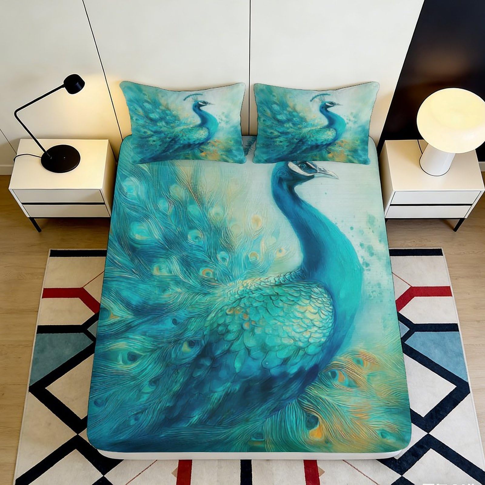 3D Printed Peacock Blue Fitted Sheet Microfiber Soft Bedroom Decor Artistic Feather Mattress Cover Washable 90x200x25cm