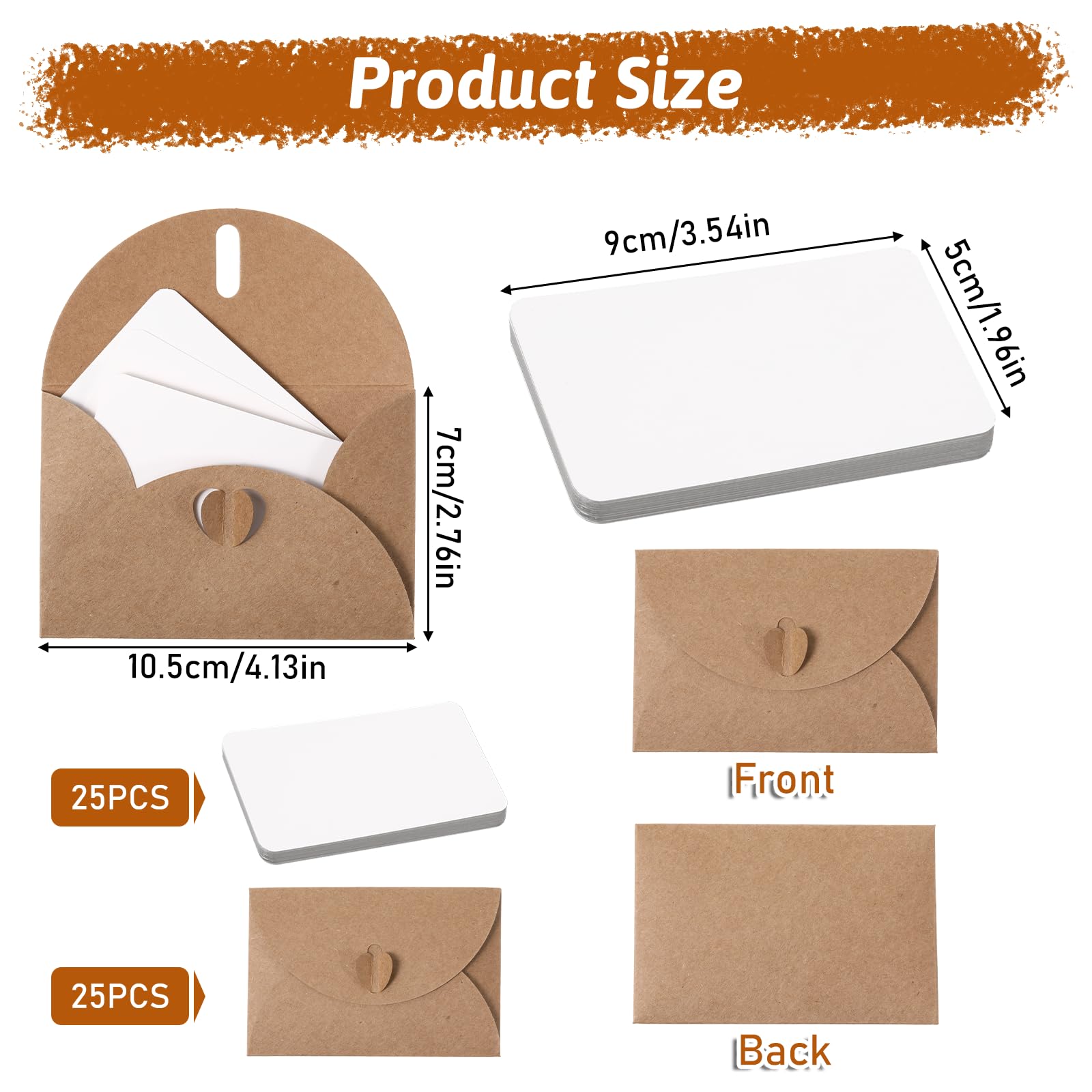 25 sztuk mini kopert 10,5 x 7 CM z zapięciem kształcie serca - zestaw kart i kopert z papieru kraftowego na prezenty, do biznesu, na pozdrowienia, na wesela