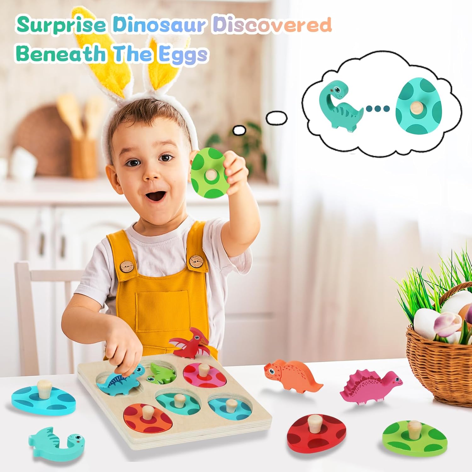 Wooden Puzzles for Toddlers 1-3 2-4, Montessori Baby Dinosaur Toys for 1 2 3 Year Old Boy Girl Christmas Birthday Baby Easter Basket Stuffers Gifts,Match Eggs Peg Puzzles Preschool Learning Toys
