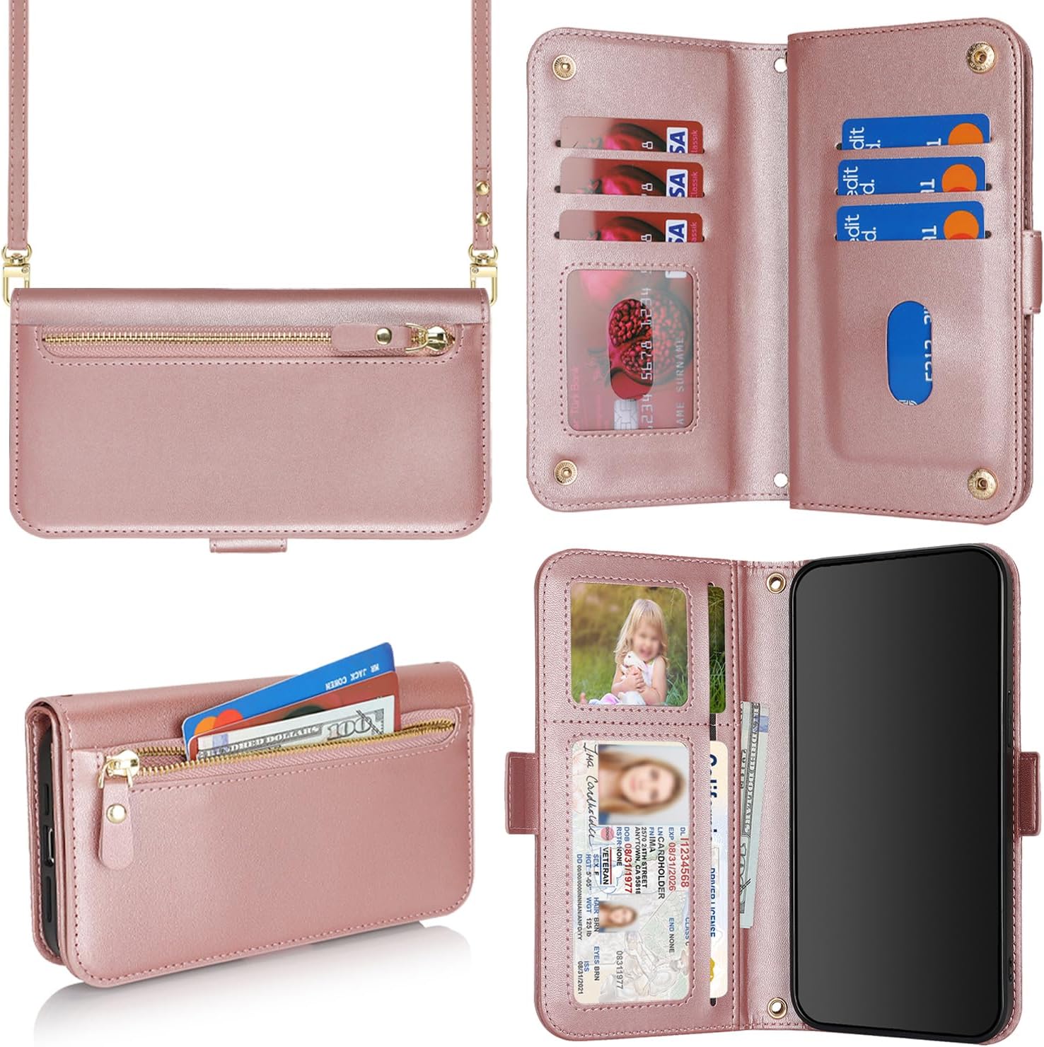 for iPhone 13 Pro Max Wallet Case for Women,for iPhone 12 Pro Max Case with Strap Crossbody Lanyard,PU Leather Shockproof Card Holder Stand Zipper Pocket Flip Phone Case-Rose Gold