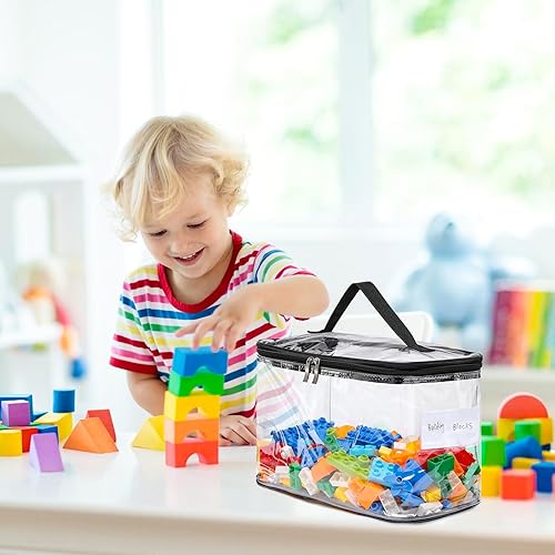 Miniatura 3 de Paquete de 4 bolsas grandes de almacenamiento transparentes para juguetes con etiqueta de nombre, bolsa organizadora de juguetes de PVC impermeable