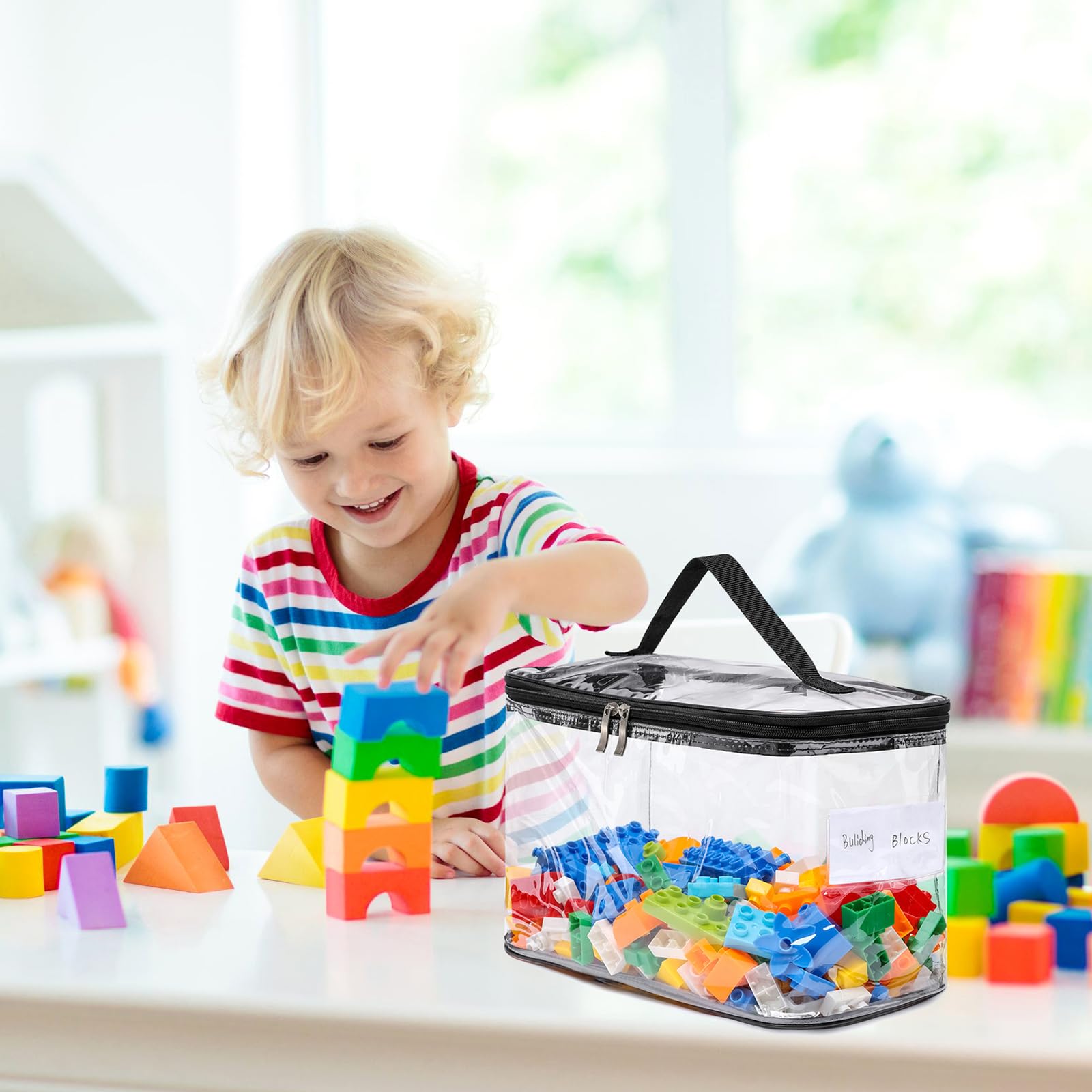Paquete de 8 bolsas de almacenamiento transparentes grandes para juguetes con etiqueta de nombre, estuche organizador de juguetes de PVC resistente al agua para juegos de mesa, bloques de construcción