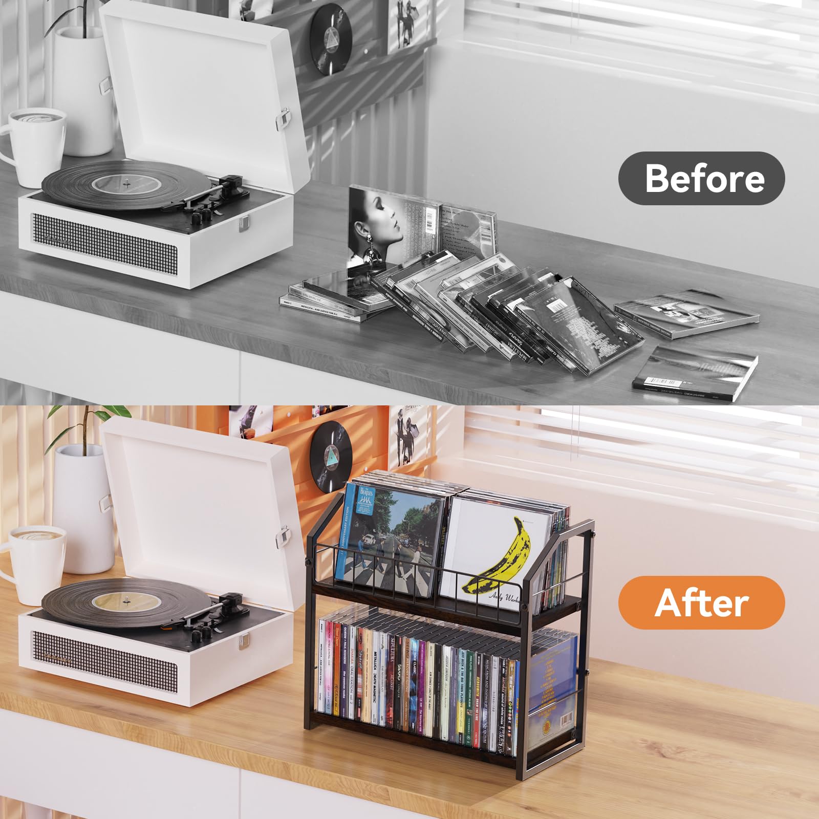 TJ.MOREE 2-Schichten-Schallplatten regal, 56-Kapazitäts- schallplatten aufbewahrung/Cd halter/Schallplatten ständer, Industrie-Retro-Kohlenstoffstahl/Holz, Platzsparender Desktop-Manager