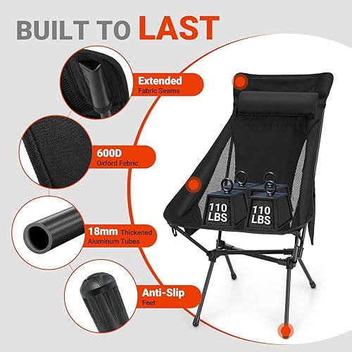 Miniatura 6 de Overmont Silla de camping portátil de respaldo alto, soporte de 440 libras, silla plegable ligera de gran tamaño para adultos, compacta con almohada