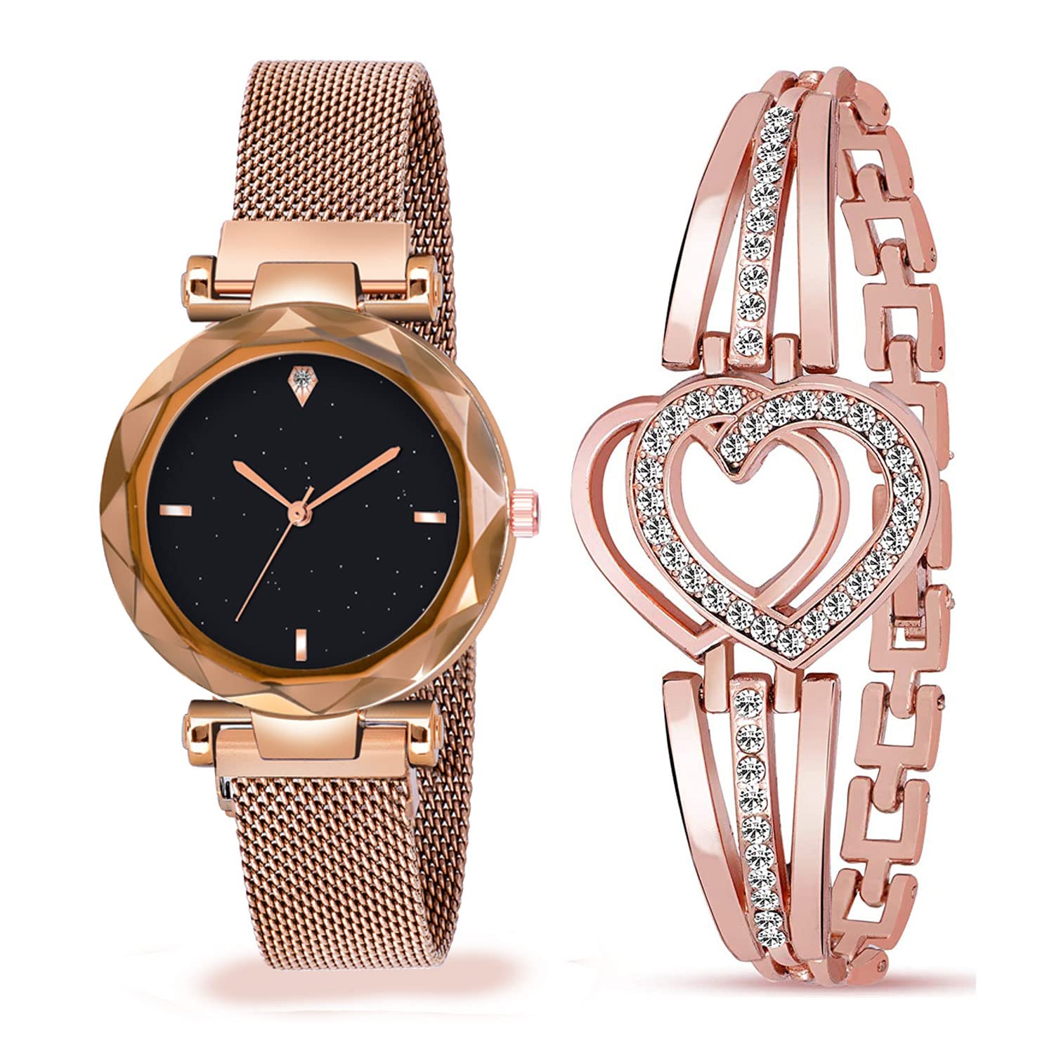 Shunya New Luxury Rose Gold Heart Stylish Bracelet & Magnet Strep Black Dial Analog Watch Combo Pack-02 for Girls (B09B9G1RFZ) Amazon Price History, Amazon Price Tracker